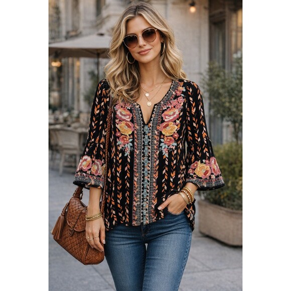 Savanna Jane Tops - Savanna Jane Embroidered Boho Tunic Top Small Floral Peasant Festival Blouse